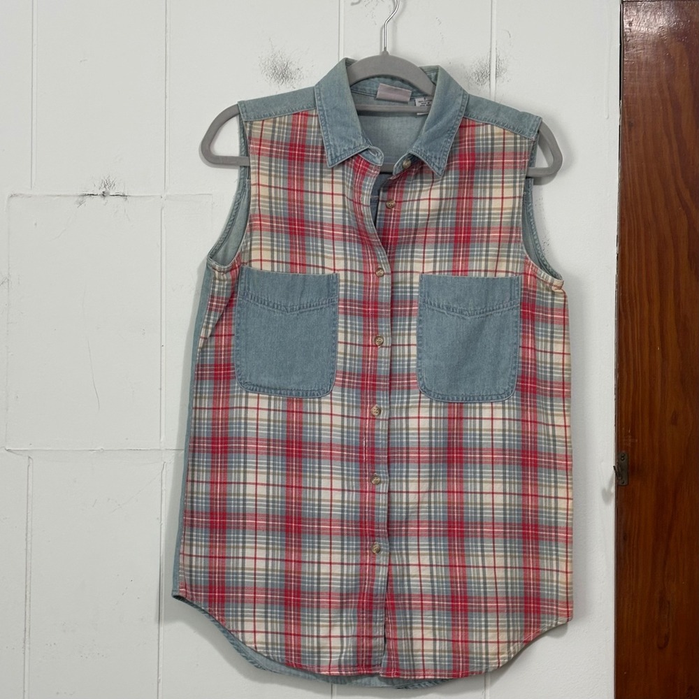 Vintage County Seat Nuovo Womens Small Plaid Denim Mixed Media Sleeveless Shirt